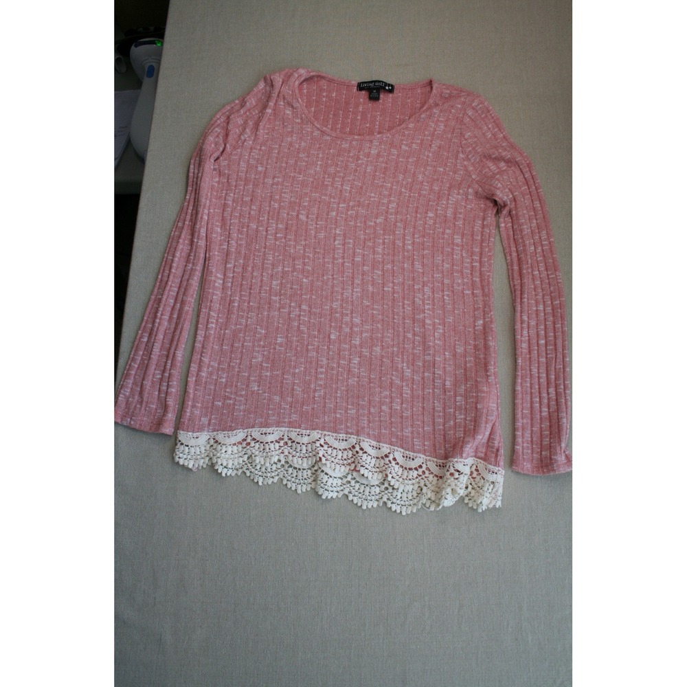 Living Doll Los Angeles Pink Ribbed Knit Long Sleeve Top Crochet Lace Trim Women